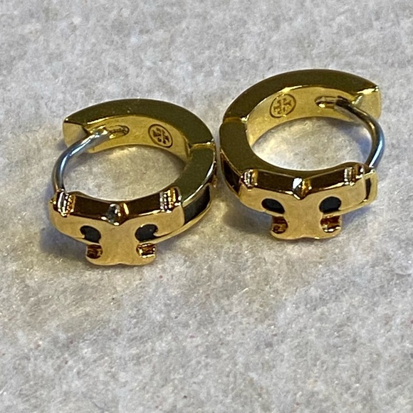 Tory Burch Jewelry - Tory Burch small serif T black enamel huggie hoops